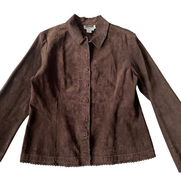 Vintage 1990s Live a Little Suede Shacket Button Down Floral Cutout L EUC - Picture 12 of 13